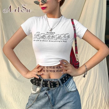 

ArtSu Cartoon Duck Letter Print Tshirts White Crop Top Cute 2020 Summer Women Short Sleeve Slim Streetwear Tees Shirt ASTS21534
