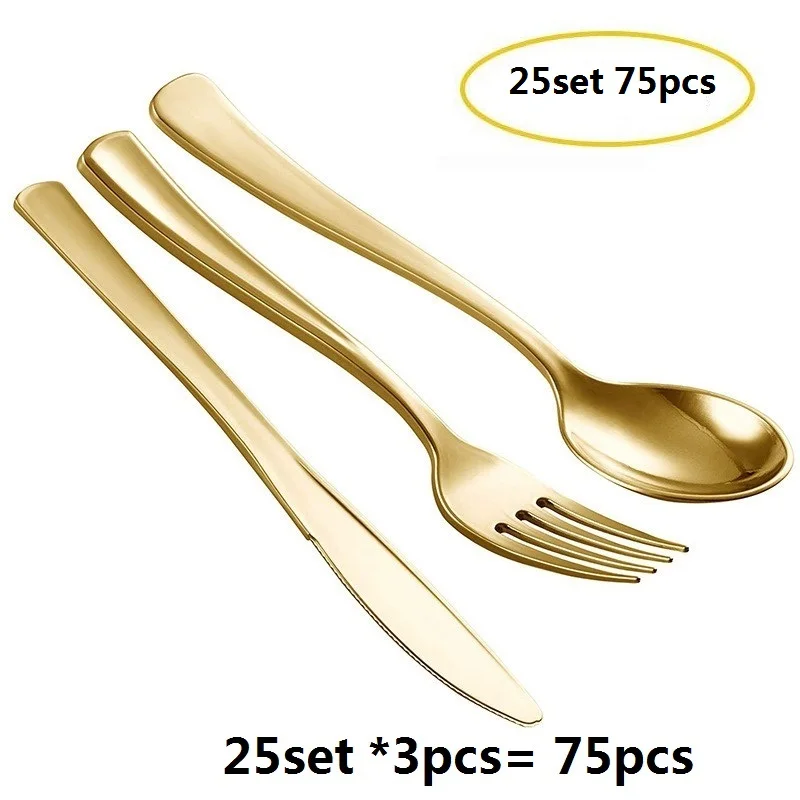 25 шт золотые одноразовые пластиковые тарелки для свадебной вечеринки набор пластиковой кухонной посуды розовое Золотое кружево столовые приборы кухонные принадлежности - Цвет: Gold Cutlery