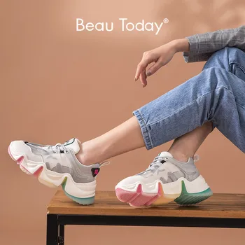 

BeauToday Chunky Sneakers Women Genuine Cow Leather Rainbow Jelly Outsole Cross-Tied Round Toe Lady Casual Shoes Handmade A29360