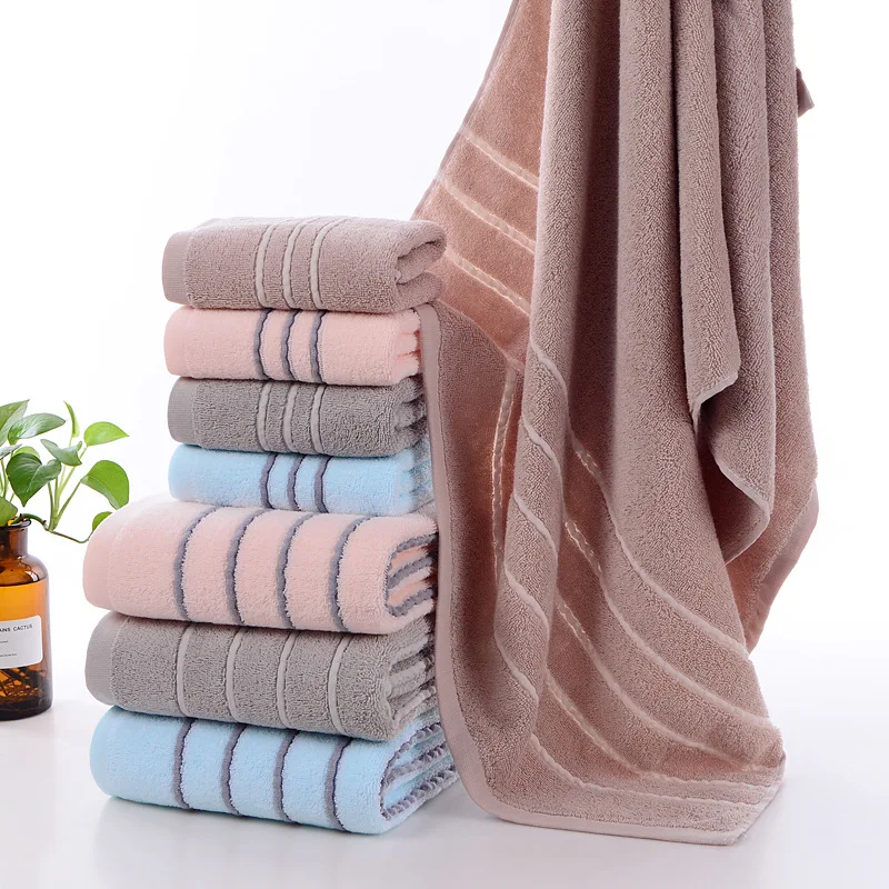 

70*140cm Pure Cotton Bath Towel Solid Color Stripe Thickening Super Soft Strong Water Absorption Skin Friendly Beach Towel