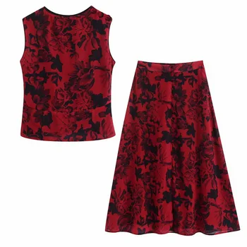 

Vintage Floral Women Set Spring 2020 New Fashion Sleeveless Blouse and Long Skirt Modern Lady 2 Pieces Sets