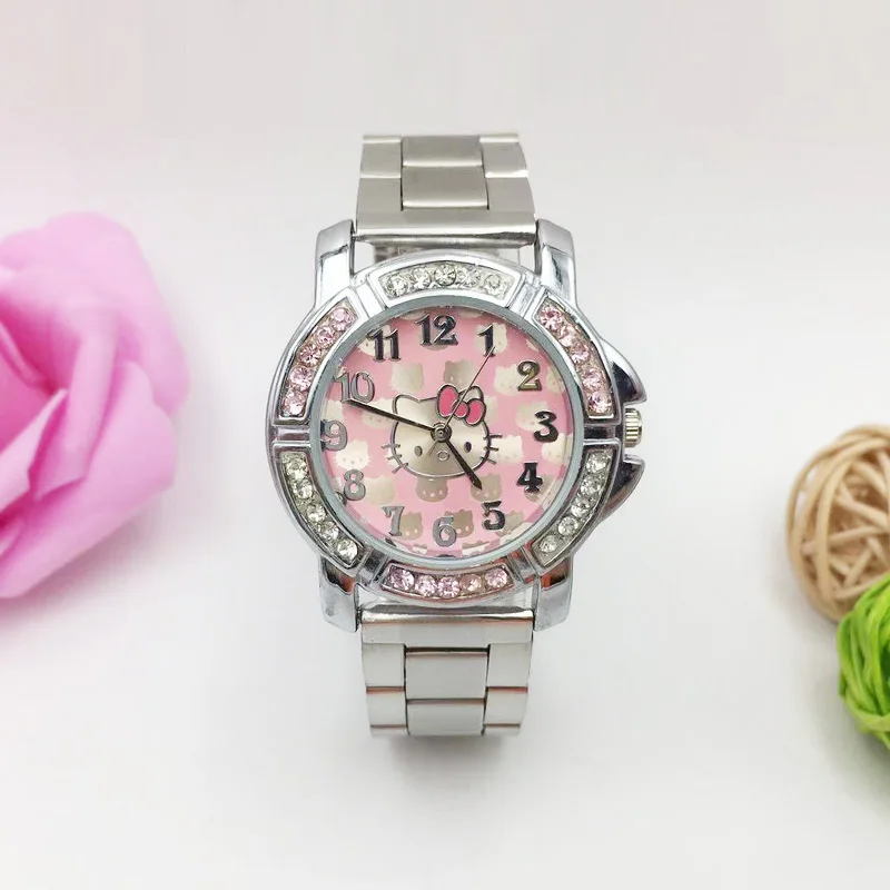 classic design hello kitty cat cartoon watch for women fashion ladies wrist watches shinning crystal pink dial stainless steel bracelet girls students clock female free shipping (11)