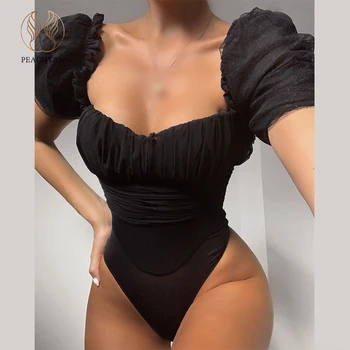 

Peachtan sexy solid black swimsuit one piece Short sleeve bodysuits monokini High cut swimwear women Summer bathers bathing suit