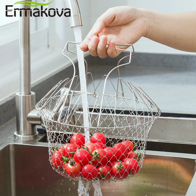 

ERMAKOVA Stainless steel frying filter basket drain rack fruit basket telescopic folding chef kitchen tool accessories