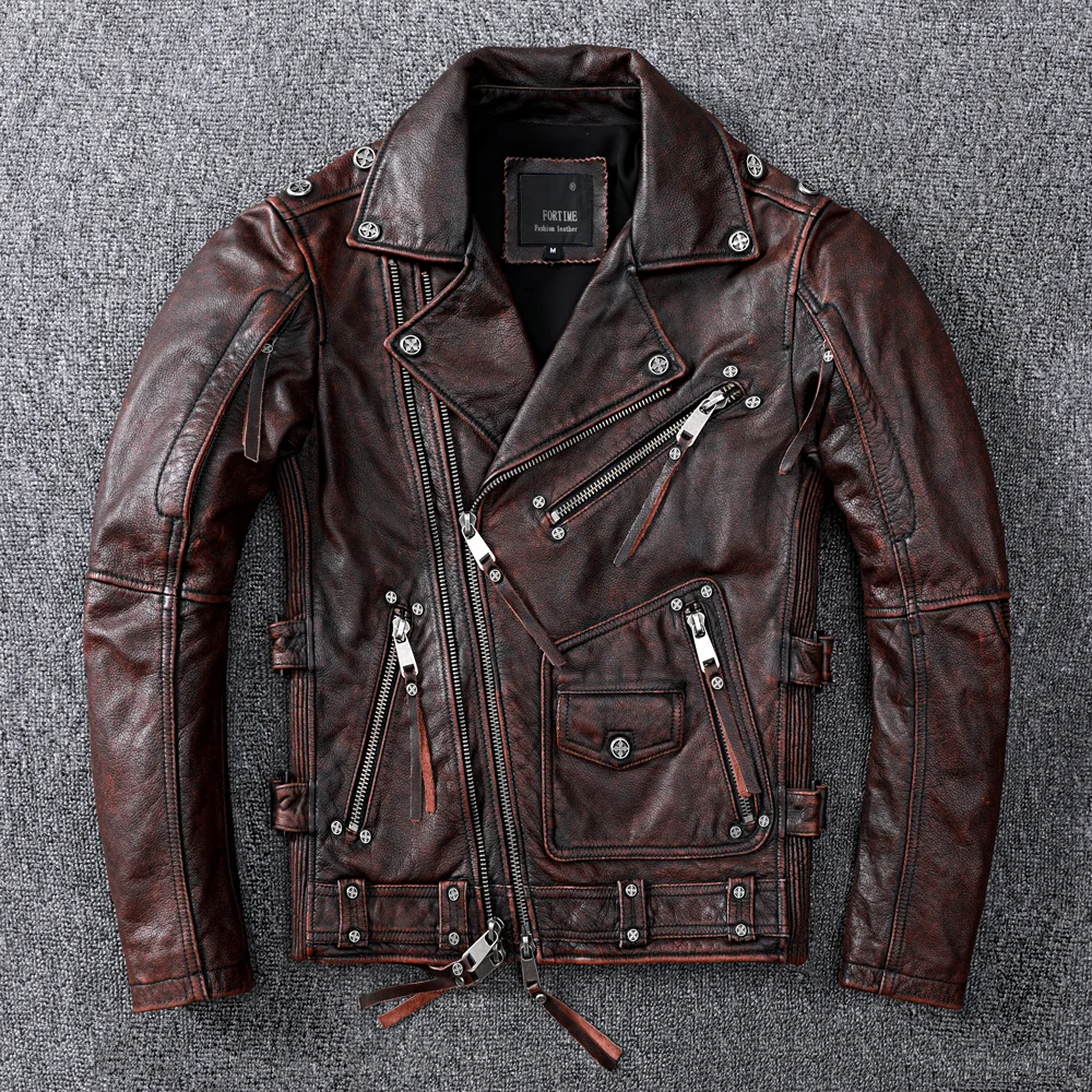 2021 Vintage Brown Motorcycle Leather Jacket Men Natural Genuine Cowhide Jackets Autumn Slim Fit Biker's Ooblique Zipper Coat men's genuine leather coats & jackets