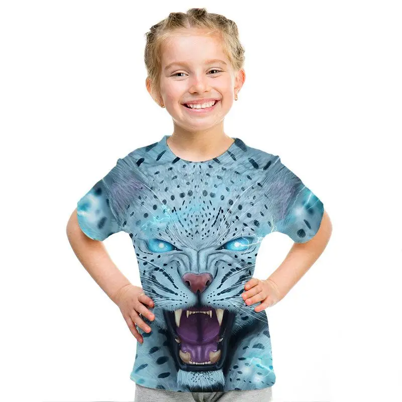 Camiseta de manga corta con estampado de lobo de leopardo de manga corta para nios y nias con estampado 3D De Len animal