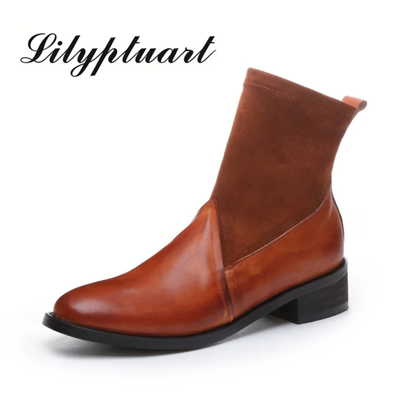 

2020 New Round Head Retro Booties Square Mid Heel Color Personality Fashion Boots Rubber Bottom Anti-skid Foot Sock Boots
