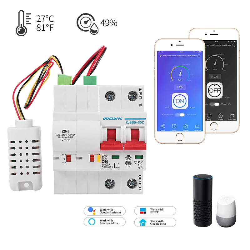 2P Wi-Fi умная Температура Влажность автоматический выключатель защита от перегрузки короткого замыкания с Alexa google home для умного дома