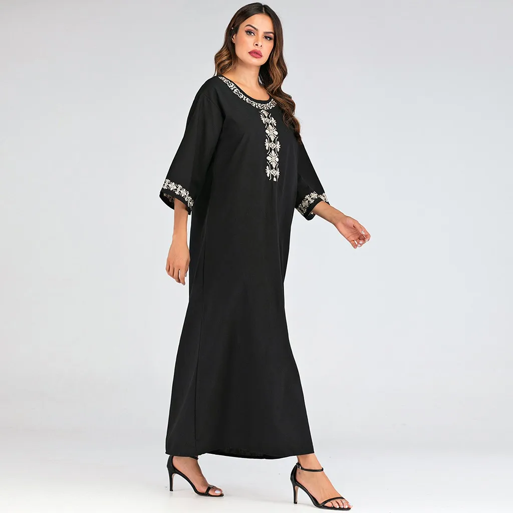 Robe hiver femme, женское платье, круглый воротник, свободное, с вышивкой, мусульманское платье, три четверти, зимнее платье, vestidos ropa mujer