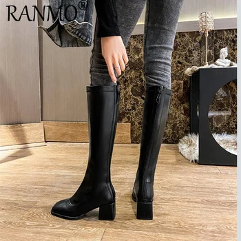 

2020 new Knight boots women's straight boots long leather boots thin British thick heel black skinny Martin boots