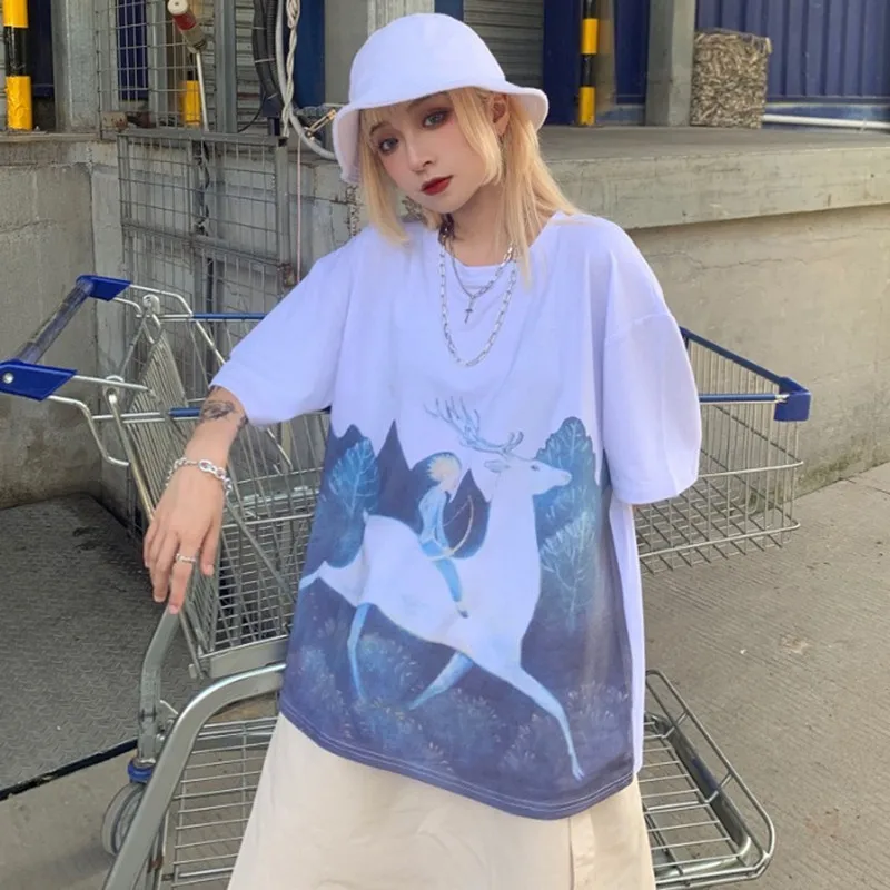 

Fashion Trend Loose Casual Cartoon Print Tee Street Style Round Neck Plus Size Long Clothes Women's Top Preppy Style Half Sleeve