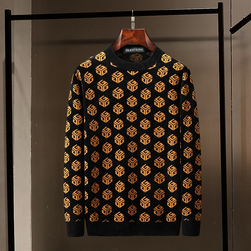 

Seestern brand new men's sweater knitted color blocking magic cube fashion autumn and winter man Pullover casual woollen sweater