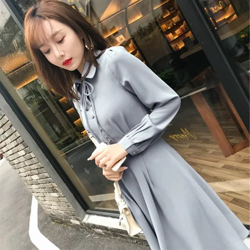 

Chiffon Dress Women's Spring And Autumn 2019 Popular New Style Long Sleeve Waist Hugging French Intellectual Smoked Skirt Fairy