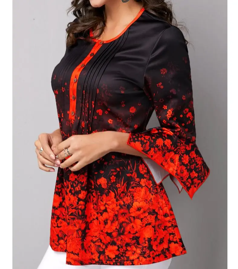  Plus size 5xl Shirt Blouse Women Single-breasted Boho Flowers Print Shirt V-neck Flared Sleeve Fema