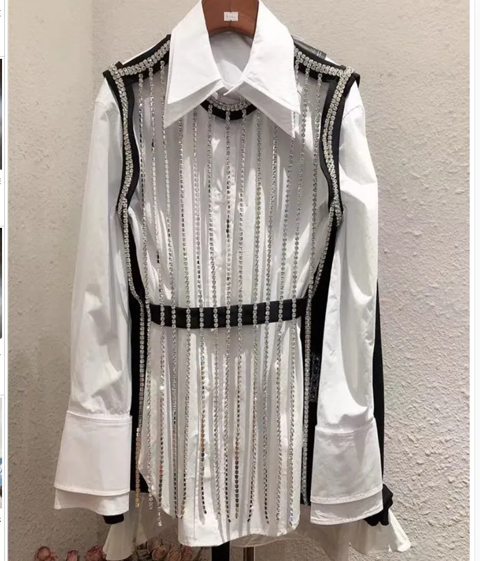 

2019 Spring New Women Heavy Rhinestone Tassel Vest + Double Collar Long Sleeve Shirt Two Piece Set Female Fashion Blouses