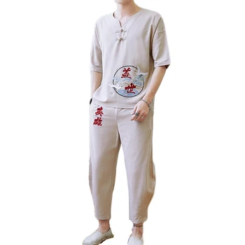 

M-4XL Plus Size Short Sleeve Shirt with Pants 2pcs Set Men Tracksuit Streetwear Man Clothes Set Chinese Cloud Embroried Mens 2pc