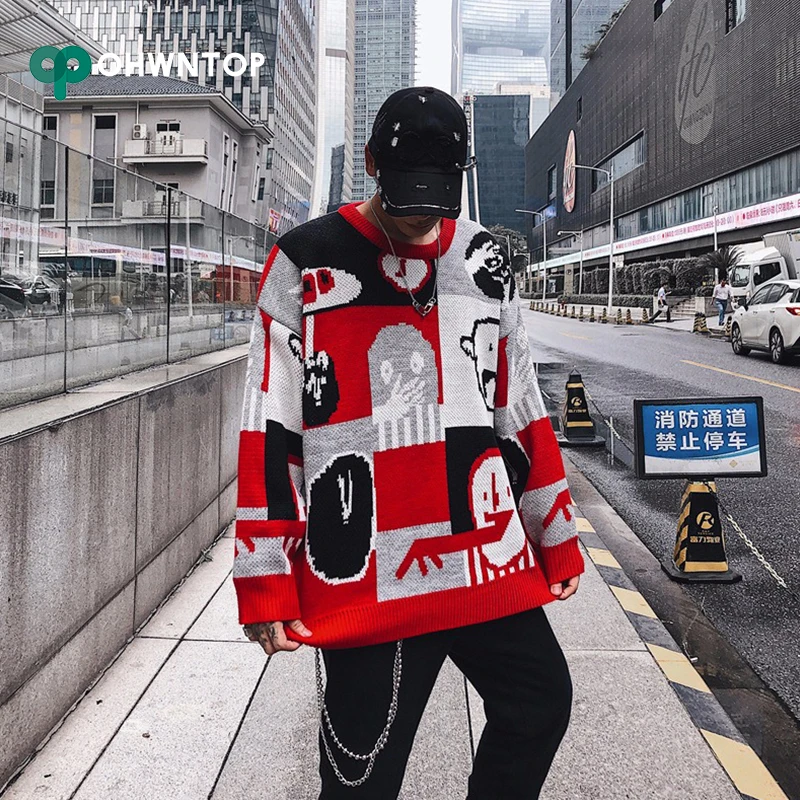 

2019 Autumn Casual Men's Sweater cartoon pictures printing Knitted Pullover Sweaters Streetwear Harajuku Sweaters Loose Pullover