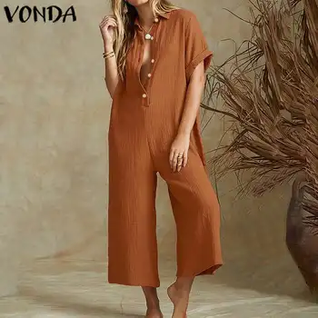 

VONDA Casual Rompers Women Jumpsuits 2019 Summer Vintage Short Sleeve Playsuits Plus Size Wide Leg Pants Sexy Solid Overalls