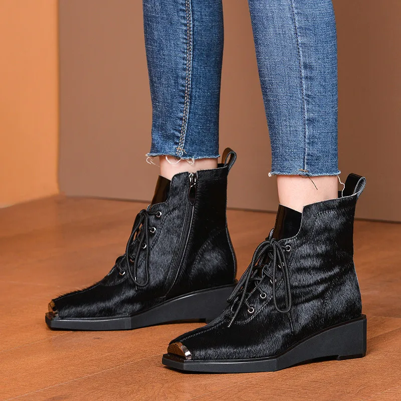 MORAZORA/; высококачественные ботильоны из конского волоса; женские осенние полусапожки леопардовой расцветки с металлическим носком; модная повседневная женская обувь на шнуровке