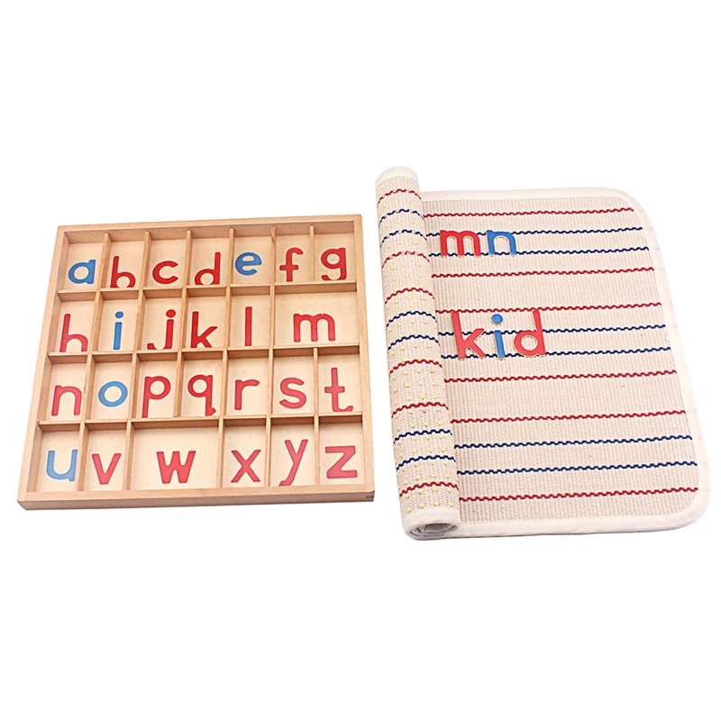 Montessori Language Toys English Alphabet Blanket Wooden Movable Alphabet Red & Blue with Mat 26Pcs Alphabets Toys for Children 2