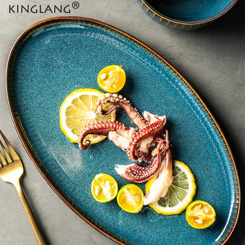 

KINGLANG NEW Ceramic Steamed Fish Dish Fruit Salad Oval Plates Restaurant Ceramic Long Dish