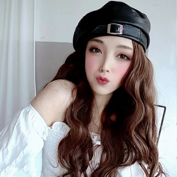 

New Women's Hat Wig One Peak Cap Haze Blue Large Wavy Long Hair Wig Synthetic Detachable Big Wave Curls