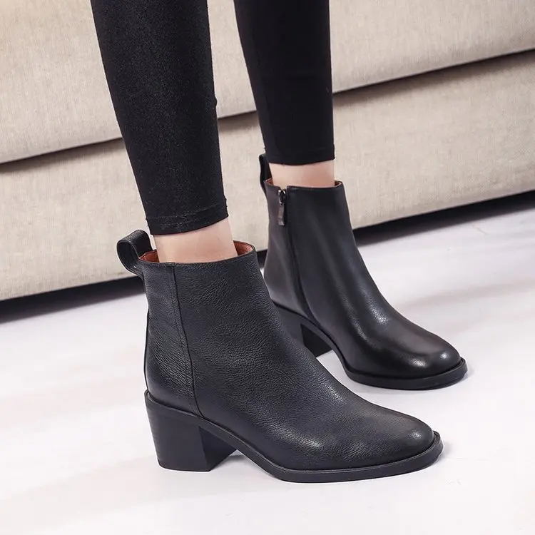 

Round Toe PU Fashion Concise Women Ankle Boots Med Platform Solid Vintage Chelsea Boots Square Heel Zip Casual Big Size Shoes