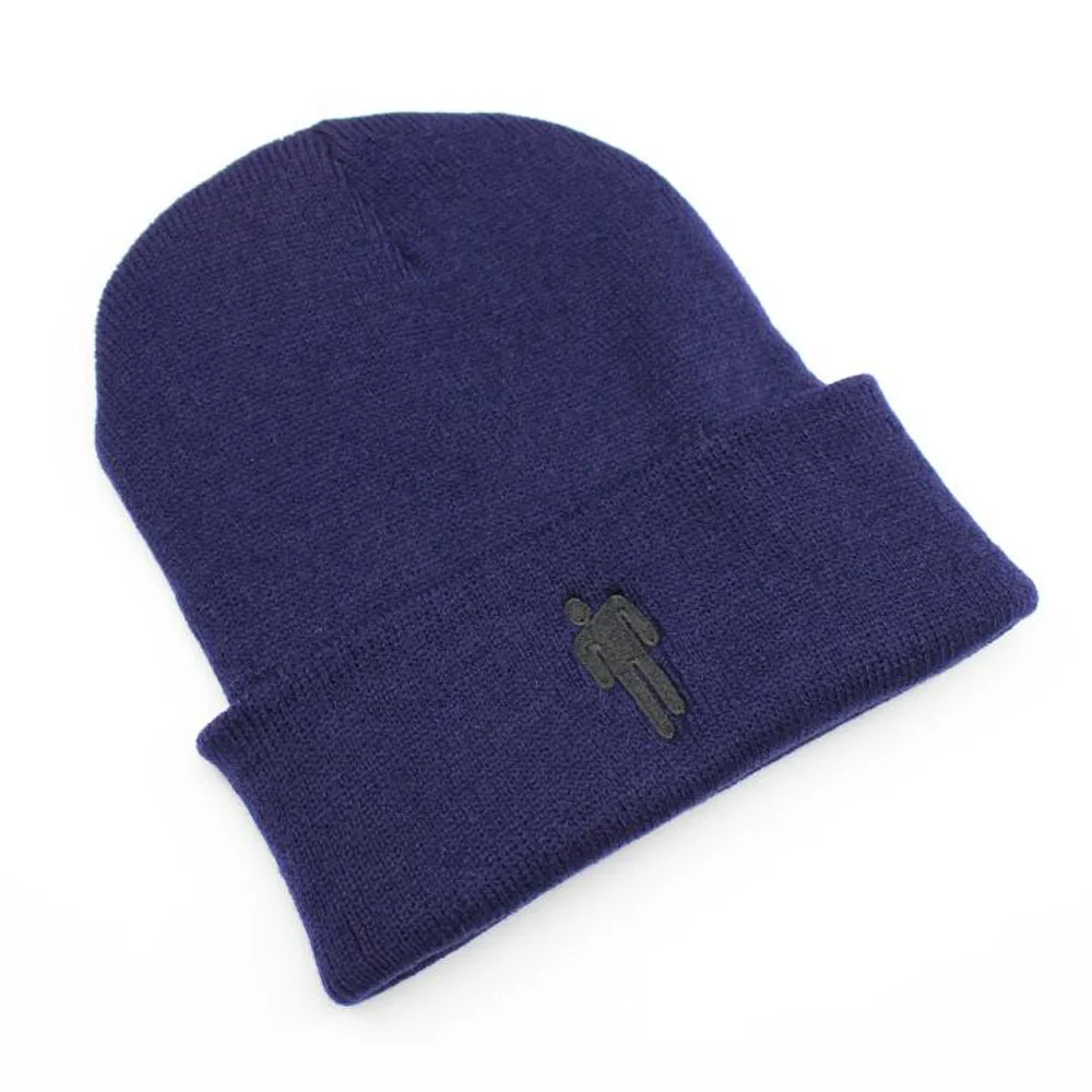 Вышивка Billie Eilish Beanie шапка вязаное, тёплое, зимнее шапки для мужчин и женщин Твердые хип-хоп повседневные манжеты Beanies Stickman Bonnet - Цвет: Navy Blue