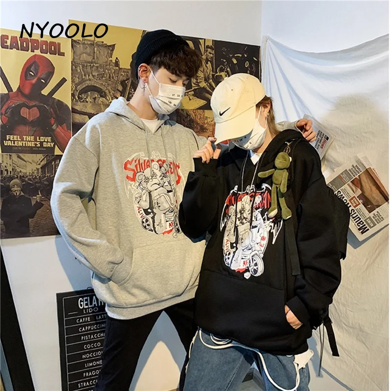 NYOOLO Harajuku уличный Забавный медведь с буквенным принтом, свободные теплые толстовки, осенне-зимние пуловеры с капюшоном, флисовая Толстовка для женщин и мужчин