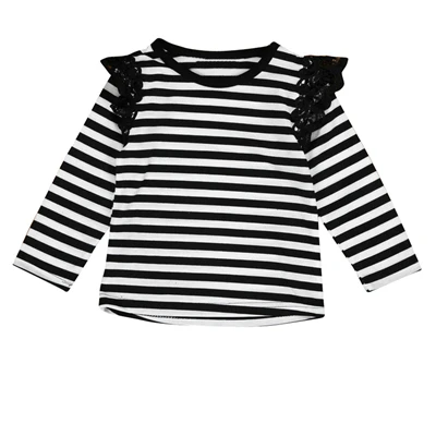 Striped Футболки с длинными рукавами для маленьких девочек Однотонные полосатые кружевные футболки для малышей, осенне-зимние повседневные топы, одежда для детей возрастом от 3 до 24 месяцев, A20 - Цвет: Striped