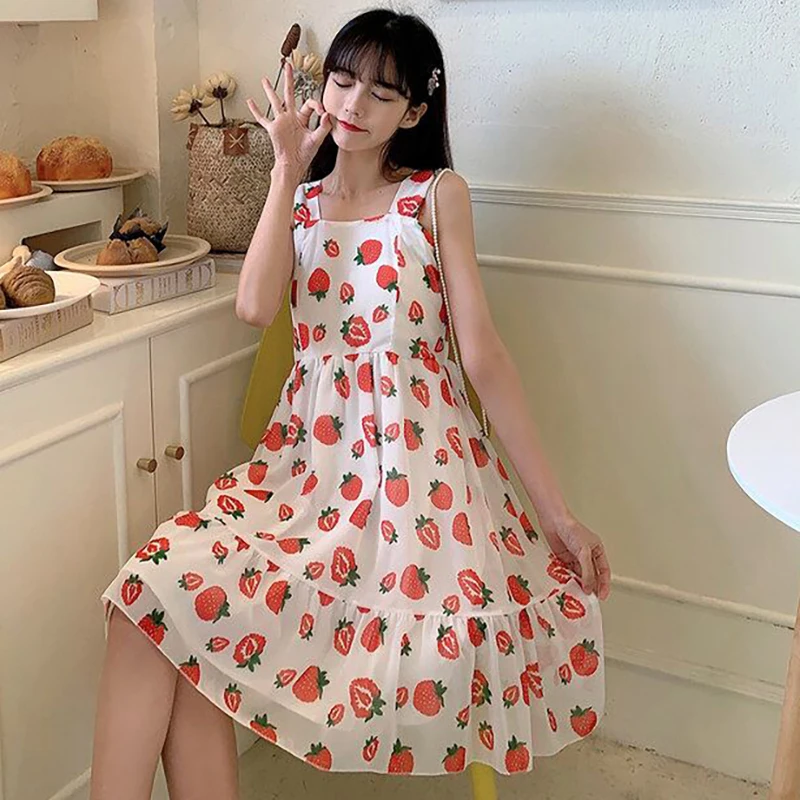 

Women's Korean-Style Sweet Strawberry Printed High-Waist Ruffle Panel Sleeveless Dungaree Dress Summer 2020 lolita dress
