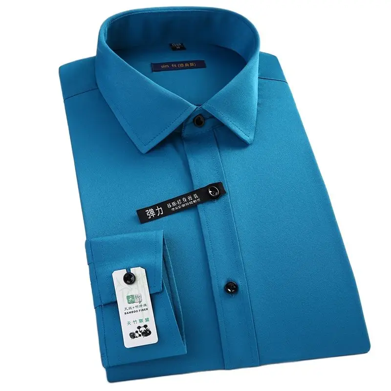 Мужская рубашка с длинным рукавом из бамбукового волокна стрейчевая Однотонная