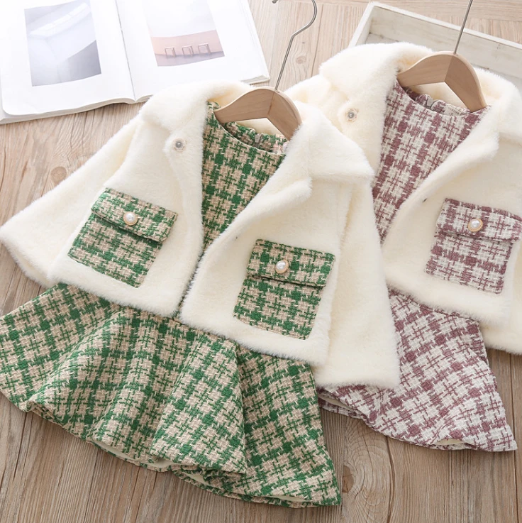 

5395 New Cute Plaid Toddler Christmas Princess 2019 Winter Baby Girl Clothing Set Outwear Jacket Tops + Skirt Wholesale Clothes