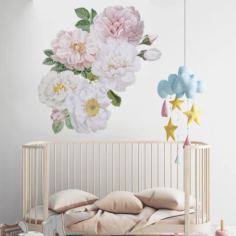 Watercolor Sweet Pink White Peony Wall stickers Flower Wall Decals for Baby Nursery Room Decoration Living Room Bedroom Decor