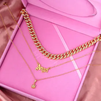 

Multilayer Iced Out Crystal Miami Cuban Choker Necklace For Women Gold Color Angel Letter Leaf Pendants Long Chain Punk Jewelry