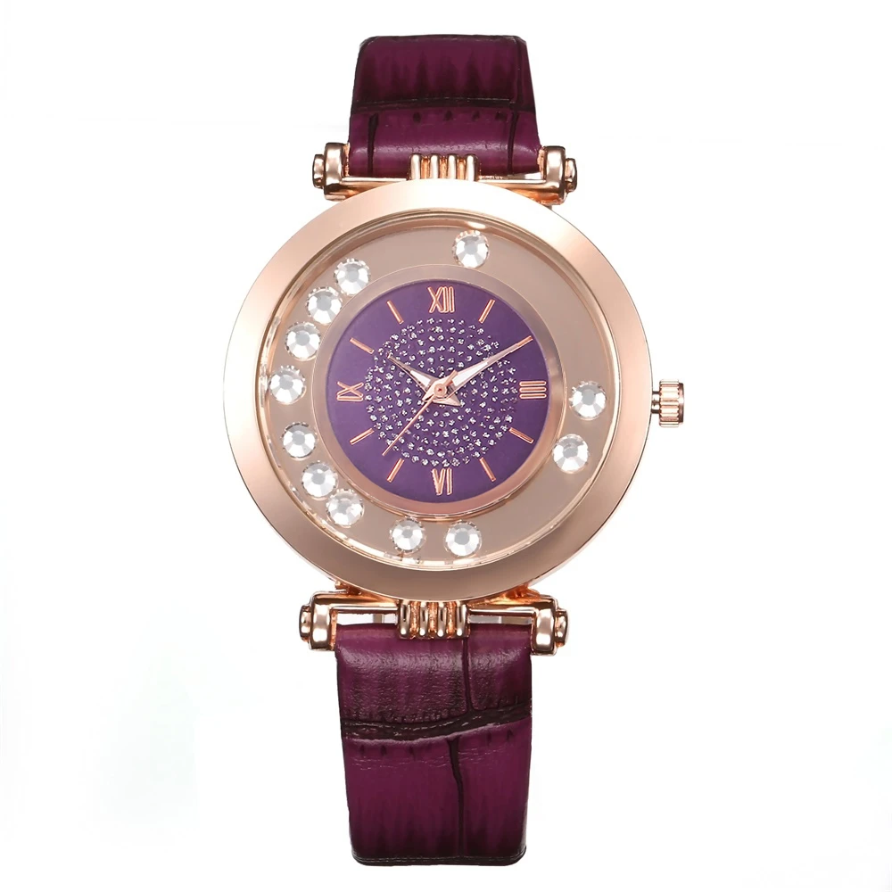 Модные роскошные брендовые кожаные женские кварцевые часы на запястье платье со стразами часы женские часы Reloj Mujer Montre Femme часы - Цвет: kh142-pueple