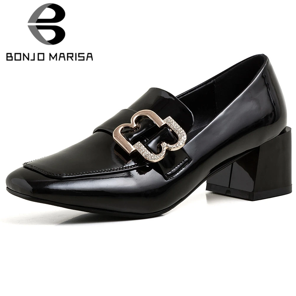 

BONJOMARISA New Ladies Square Toe Dress Pumps Spring OL Med Heels Pumps Women Elegant Solid Office Shoes Woman