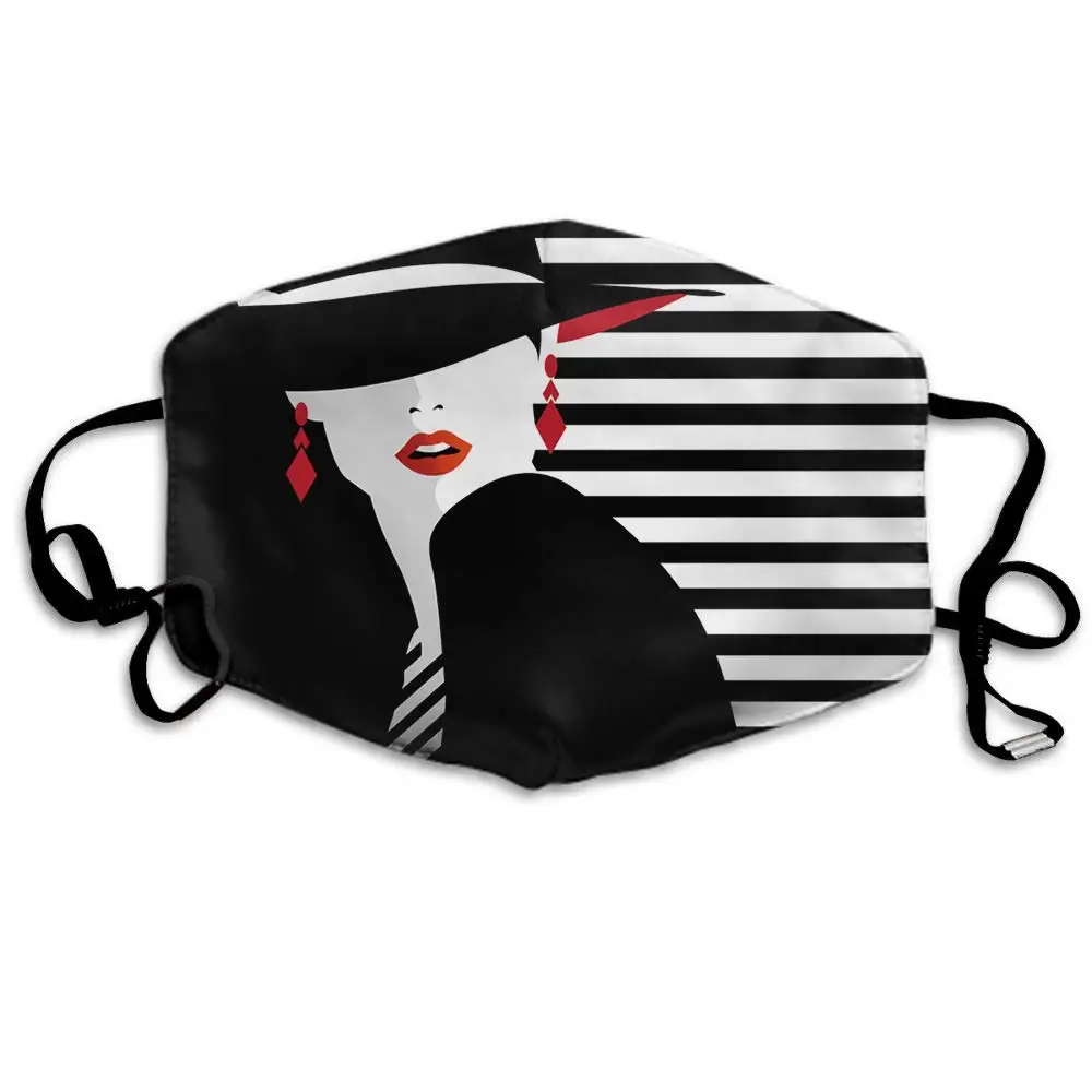 

Swono Mask Girl,Fashion Teenage Girl with Red Lips in The Black Stripes Polyester Anti Dust Face Mask-Washable and Reusable Mask