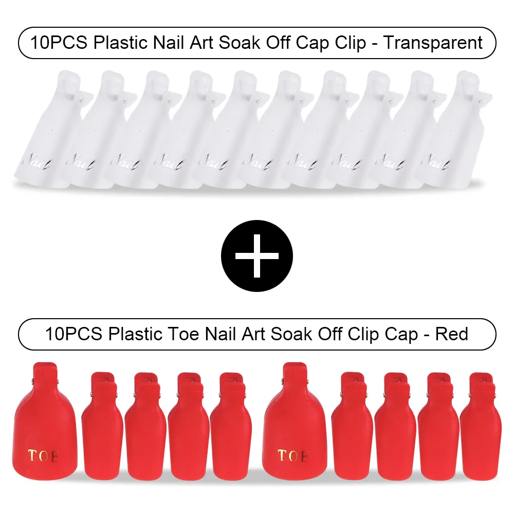20pcs Plastic Soaker Off Caps Clips Nail Art UV Gel Nail Polish Remover Wraps Cleaner Manicure Effects For Nails Fingers And Toe - Цвет: Red Toe Transpare Hd