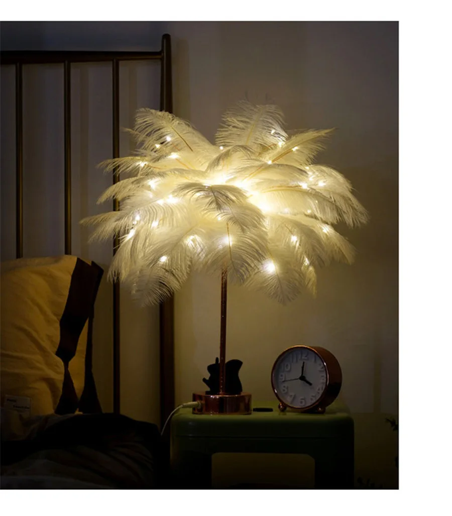 Настольная лампа с натуральным страусиным пером для девичьей спальни, гостиной, декора салона, USB, на батарейках, светодиодный ночник, подарок