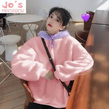 

Winter Womens Hooded Pullovers Tops Ladies Long Sleeve Sweatshirts Female Patchwork Casual Harajuku Kawaii Sweatshirts Coat