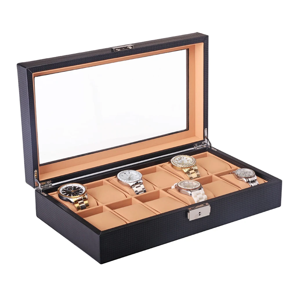 

6/12 Slots Grid PU Leather Watch Display Box Fashion Luxury Jewelry Storage Organizer Case locked Watch Winder Black