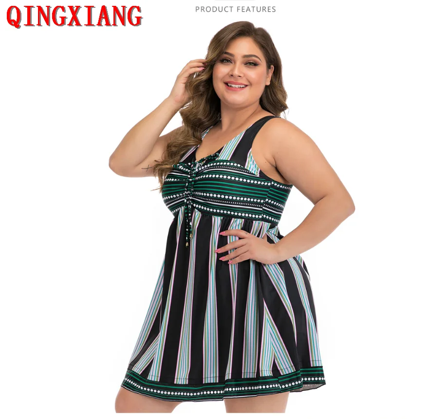 

2020 L-5XL Women Plus Size V Neck Sexy Striped Printed High Waist Elastic Swim Dress Funny Bikini Bathing Swimwear Beachwear
