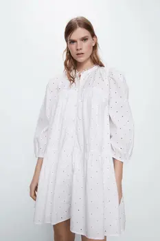 

2020 Spring Summer New Style European Hollow Embroided female white Dress zaraing vadiming sheining women dress