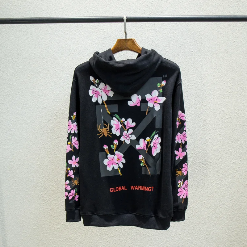 19ss Off-White OW цветы стрела мужчины женщины унисекс влюбленные Мода хлопок Повседневная Толстовка с капюшоном свободная Куртка Пуловер - Цвет: Black