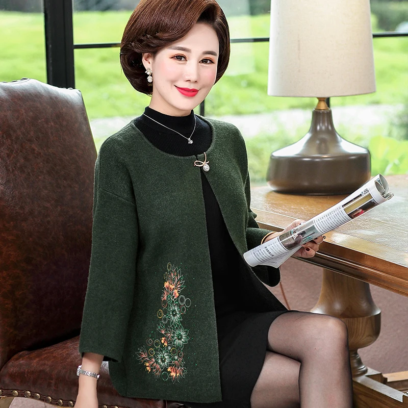 #Special Offers Middle Old Aged Women Cardigan Plus Size Spring Autumn Round Neck Embroidery Knitted Cardigan Quinquagenarian Mother Knitwear