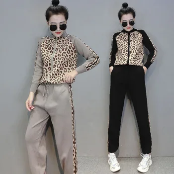 

MVGIRLRU Autumn and Winter Colorblock Leopard Zipper Cardigan Knit Sweater + Pants Two-piece Casual Suit