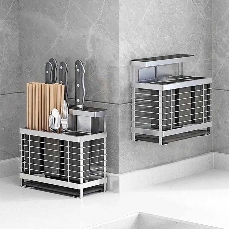 

1Pcs 304 Stainless Steel Stand 2 In 1 Kitchen Storage Rack Knife Holder Cutlery Box Organizer Container Accessories
