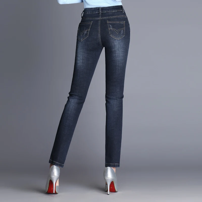 Новые Свободные Slim fit прямые джинсы стрейтч магазин для женщин с высокой талией, расширяющиеся к джинсы размера плюс мама стрейч был тонкий жира прямые брюки для девочек