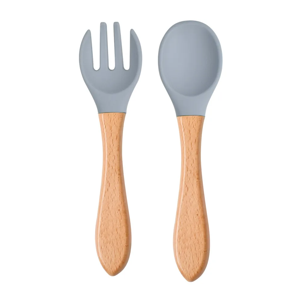 2pcs Wooden Handle Silicone Spoon Fork Set Baby Feeding Utensils Kid Training Eat Solid Food Dishes Children Spoon Tableware baby milk warmer bag  Feeding